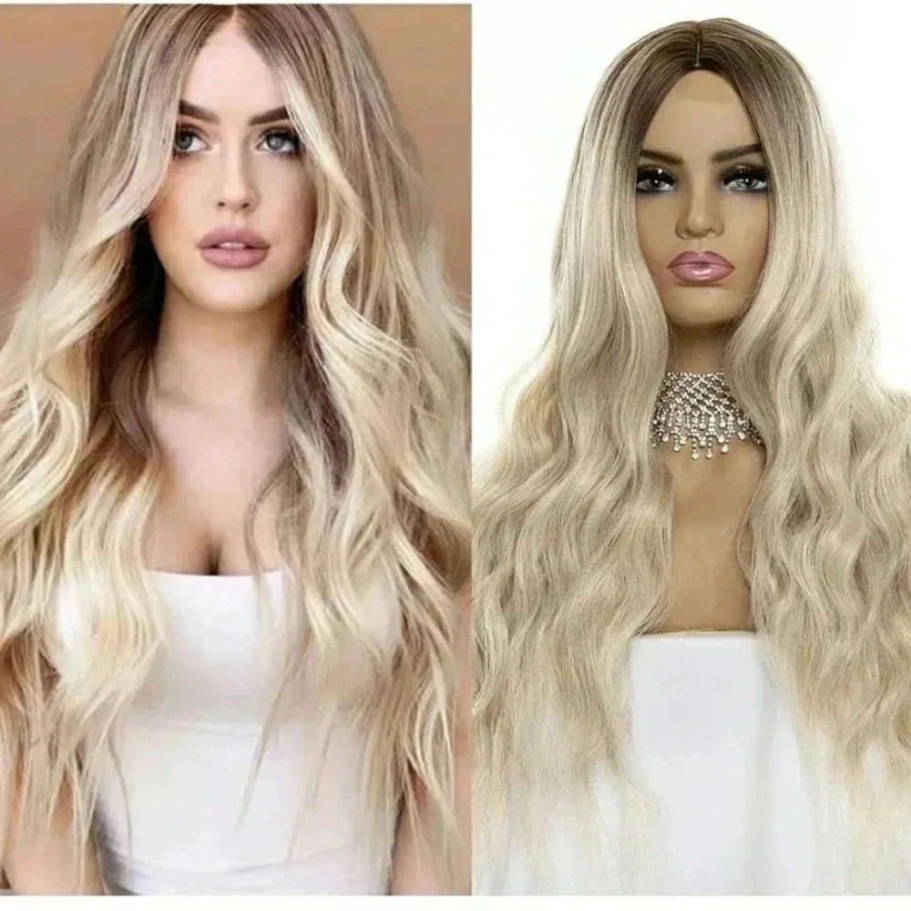 aSulis Natural Long Wavy Curly Wig Dark Roots Ombre Ash Blonde Wig Synthetic 28
